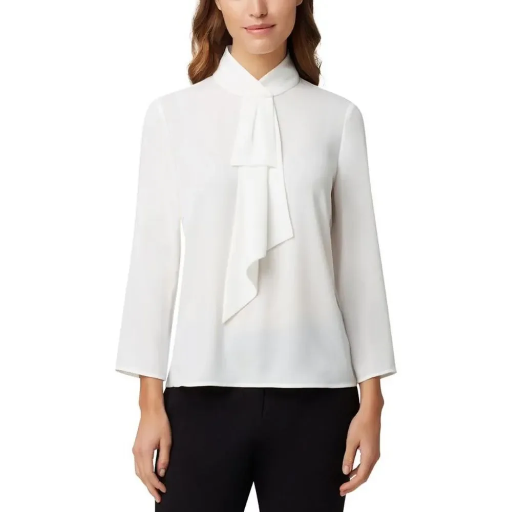 Tahari ASL Womens Ivory Chiffon Faux Tie 3/4 Sleeve Blouse Top NWOT